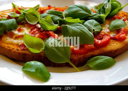 Deliziosa bruschetta italiana con mozzarella, aglio, olio d'oliva e foglie di basilico su un piatto
