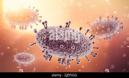 Monkeypox, vaiolo. Virus visto al microscopio. Emergenza di salute pubblica di preoccupazione internazionale. Diffusione del virus. 3d rendering Foto Stock