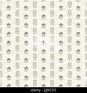 Mano disegnato Doodle casa lino effetto texture pattern. Stampa decorativa in tessuto grigio naturale senza cuciture per carta da parati in tela. Foto Stock