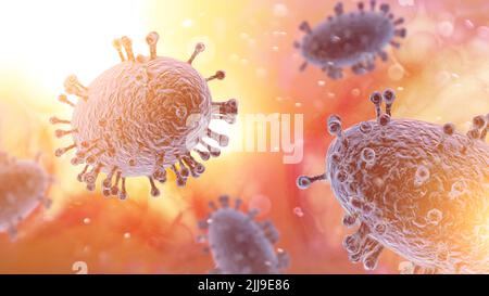 Monkeypox, vaiolo. Virus visto al microscopio. Emergenza di salute pubblica di preoccupazione internazionale. Diffusione del virus. 3d rendering Foto Stock