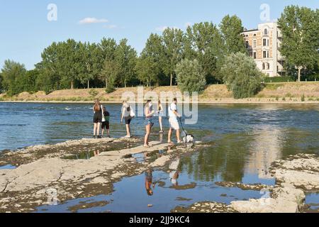 Asciugato sul fondo del fiume Elba vicino a Magdeburg in Germania durante la grande siccità con alcuni escursionisti Foto Stock