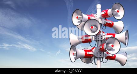 Megafoni e diffusori ubbici su un palo. Annuncio, avviso, concetto di promozione. 3d illustrazione Foto Stock