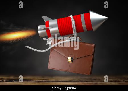 Idea di business e concetto di start up. Valigetta su un razzo volante. 3d illustrazione Foto Stock