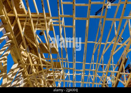 Il tetto sta lavorando intorno all'inquadratura della casa, installando le capriate del tetto ed i lavoratori di legno stanno inchiodando le travi di legno al tetto del Foto Stock