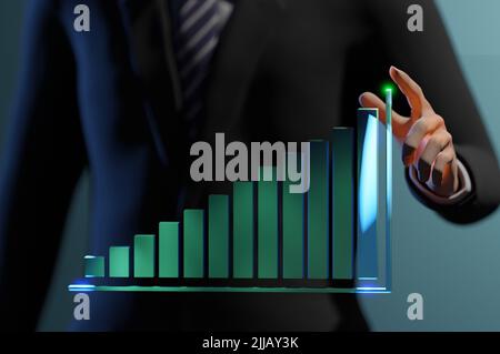 3D Illustrazione. 3D rendering l'uomo d'affari che detiene grafici olografici e statistiche del mercato azionario guadagna profitti. Concetto di pianificazione della crescita e business Foto Stock