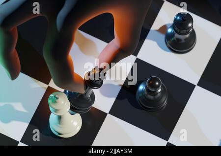 3D Illustrazione. 3D rendering . Mano d'uomo d'affari che muove i pezzi di scacchi in una competizione di gioco di successo. Strategia, gestione o leadership Foto Stock