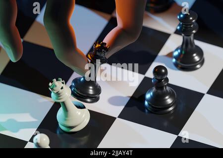 3D Illustrazione. 3D rendering . Mano d'uomo d'affari che muove i pezzi di scacchi in una competizione di gioco di successo. Strategia, gestione o leadership Foto Stock