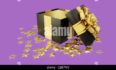 Decorato dono aperto con stelle goldish per Black friday, isolato - oggetto 3D rendering Foto Stock