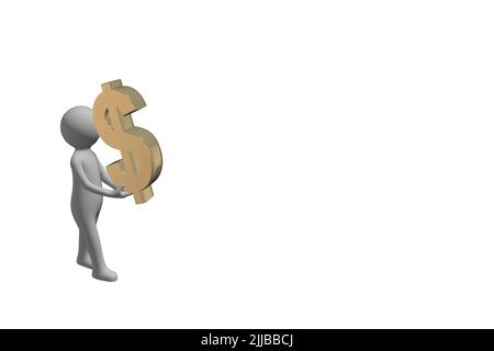 Uomo che trasporta il concetto di denaro 3D figura che trasporta un segno di valuta del dollaro del metallo d'oro 3D tagliato fuori isolato su sfondo bianco Foto Stock