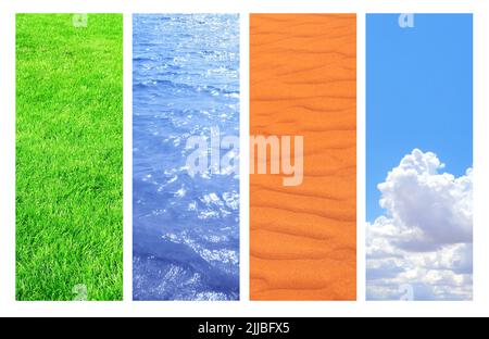 Collezione di striscioni verticali con elementi naturali - acqua; terra e aria. Set di fondali con cielo, sabbia, acqua, erba. Spazio di copia per il testo Foto Stock