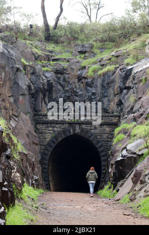 Western Port Swan View tunnel Western Australia John Forest Heritage Trail Swan Valley collina di granito Unito Donna camminare nel tunnel Foto Stock