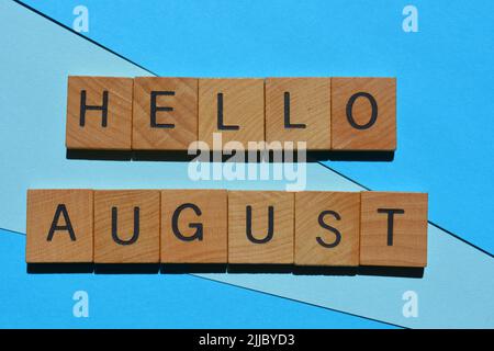 Ciao agosto, parole in legno lettere alfabetiche isolato su sfondo blu Foto Stock