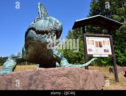 Tambach Dietharz, Germania. 25th luglio 2022. La replica di un dinosauro a vela (Dimetrodon teutonis), i cui resti sono stati scavati a Bromacker, è allestita a Bromacker tra Tambach-Dietharz e Georgenthal ed è parte di un percorso avventura di dinosauri. Qui, lo scavo estivo degli scienziati nel sito fossile di Bromacker, vecchio di 290 milioni di anni, inizia il 25 luglio. Gli scavi saranno accompagnati da due profonde perforazioni a Gallberg e Hainsfelsen. Credit: Martin Schutt/dpa/Alamy Live News Foto Stock