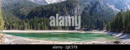 Abbondante fauna alpina, natura incontaminata e uno sfondo di montagna mozzafiato che si riflette nelle acque cristalline del lago Tovel, Ville d'Anaunia, Trentino Foto Stock