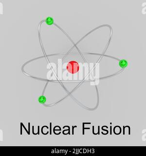 3D illustrazione di un atomo con titolo Nuclear Fusion, isolato su un terreno di panificazione grigio. Foto Stock