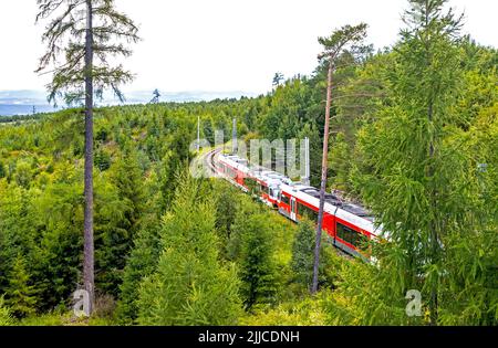 High Tatra, Slovacchia - Luglio 2018: Il treno Tatra Electric Railways (TEZ-ter) (noto anche come 'Tatra Tram') attraversa la foresta nei pressi di Tatranska Poliank Foto Stock