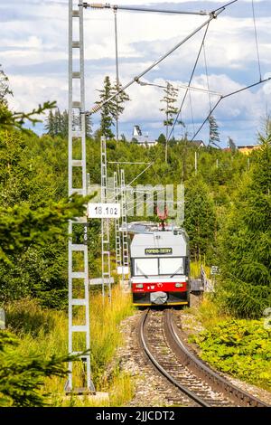 High Tatra, Slovacchia - Luglio 2018: Il treno Tatra Electric Railways (TEZ-ter) (noto anche come 'Tatra Tram') attraversa la foresta nei pressi di Tatranska Poliank Foto Stock