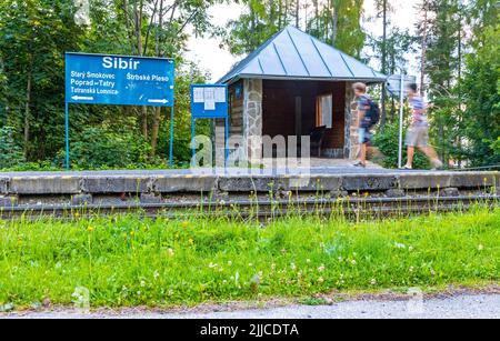 High Tatra, Slovacchia - 26 luglio 2018: Sibir - piccola fermata della ferrovia Tatra Electric Railways (TEZ-ter) (nota anche come 'Tatra tram') in High Tatra mou Foto Stock