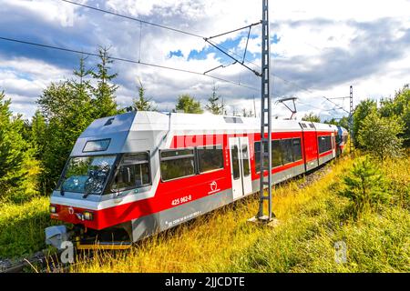 High Tatra, Slovacchia - Luglio 2018: Il treno Tatra Electric Railways (TEZ-ter) (noto anche come 'Tatra Tram') attraversa la foresta nei pressi di Tatranska Poliank Foto Stock