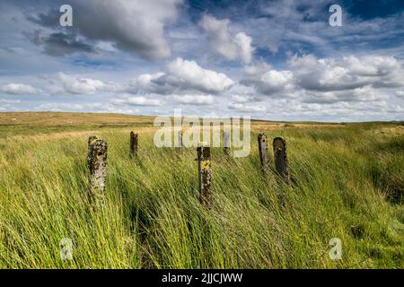 Recinzioni di sicurezza in cemento in un cerchio sulle brughiere del Denbighshire Galles del Nord tra Llyn Aled isaf e Llyn Aled Foto Stock