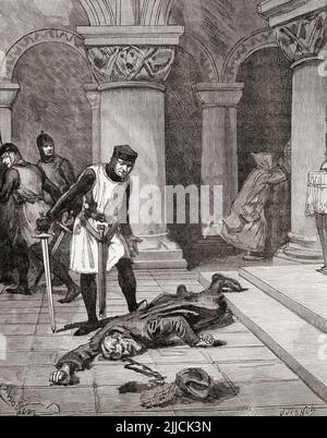 L'assassinio di Thomas Becket nel 1170 da parte dei quattro cavalieri, Reginald FitzUrse, Hugh de Morville, William de Tracy e Richard le Breton. Thomas Becket, noto anche come San Tommaso di Canterbury, Tommaso di Londra e Thomas à Becket, c.. 1119/1120 – 1170. Arcivescovo di Canterbury. Da Histoire de France, pubblicato il 1855. Foto Stock