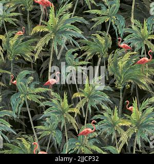 Una foresta di palme da cocco con fenicotteri rosa su sfondo scuro. Illustrazione dell'acquerello. Modello senza giunture da un grande set CUBANO. Per tessuto Foto Stock