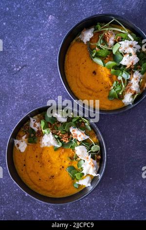 Zuppa di carote arrosto, crescione, mozzarella, cipolla croccante Foto Stock