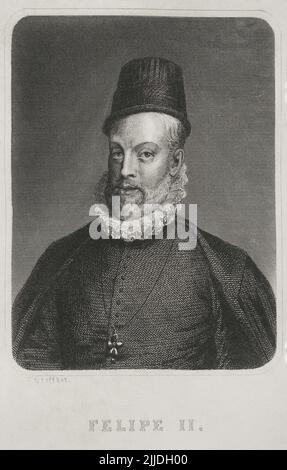 Filippo II (1527-1598). Re di Spagna (1556-1598). Verticale. Incisione di Geoffroy. "Historia Universal", di César Cantú. Volume V. 1856. Foto Stock