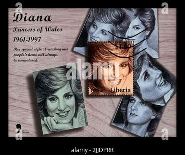 LIBERIA - CIRCA 1997: Cancelled stamp printed in Liberia dedicato alla memoria della principessa Diana, circa 1997. vintage post stamp isolato su nero ba Foto Stock