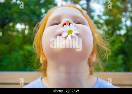 una bella bambina con una margherita. il volto di una ragazza con una margherita Foto Stock