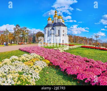 Goditi il bellissimo parco autunnale con aiuole colorate, prato verde, panchine, viuzze pedonali e una vista sulla chiesa di Santa Caterina, Chernihiv, Ukra Foto Stock