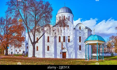 Vista panoramica del Parco delle Dytynet di Chernihiv Antica Riserva di Chernihiv con Borys e Cattedrale di Hlib e Chernihiv Collegium sullo sfondo, Chernihiv, Foto Stock