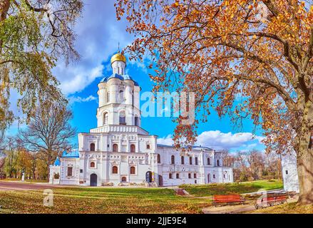 Panorama delle dinastie di Chernihiv (Cittadella di Chernigov) Parco con edificio storico del Collegium di Chernihiv e i rigogliosi alberi autunnali, Chernihiv, Ucraina Foto Stock