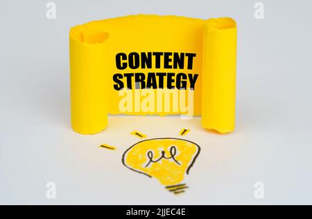 Concetto di idea di business. Una lampadina è disegnata su uno sfondo bianco, accanto ad essa è un piatto giallo con l'iscrizione - STRATEGIA DEL CONTENUTO Foto Stock