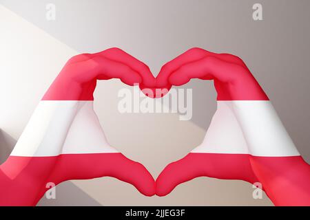 Gesto mani nel cuore dipinto in bandiera Austria. 3d rendering Foto Stock