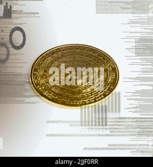 Il valore è nel codice. Immagine concettuale di un modello generato digitalmente di un singolo bitcoin su sfondo grigio. Foto Stock