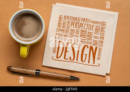 elementi di design e regole nuvola di parole su un tovagliolo, piatto posare con caffè Foto Stock