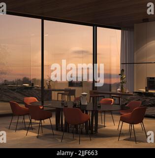Elegante cucina e sala da pranzo con luminoso cielo notturno, pavimento in pietra, soffitto in legno. 3d rendering illustrazione interno appartamento. Foto Stock