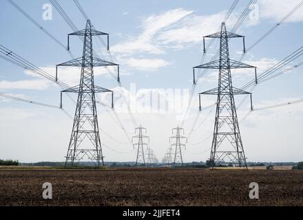 Linee elettriche che conducono lontano dalla centrale nucleare di Sizewell attraverso la campagna del Suffolk Foto Stock