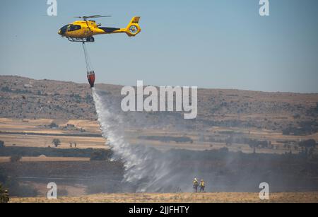 Spagna - Ávila - Mironcillo - ondata di incendi in Spagna - a causa delle alte temperature e di una storica ondata di caldo, molti incendi boschivi colpiscono la penisola iberica. Le brigate e i vigili del fuoco stanno cercando eroicamente di affrontare le fiamme che stanno diventando sempre più intrattabili e difficili da estinguere. Foto Stock