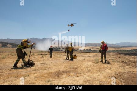 Spagna - Ávila - Mironcillo - ondata di incendi in Spagna - a causa delle alte temperature e di una storica ondata di caldo, molti incendi boschivi colpiscono la penisola iberica. Le brigate e i vigili del fuoco stanno cercando eroicamente di affrontare le fiamme che stanno diventando sempre più intrattabili e difficili da estinguere. Foto Stock