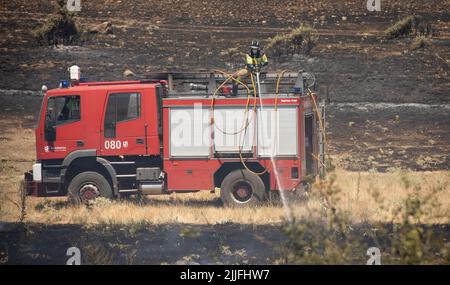 Spagna - Ávila - Mironcillo - ondata di incendi in Spagna - a causa delle alte temperature e di una storica ondata di caldo, molti incendi boschivi colpiscono la penisola iberica. Le brigate e i vigili del fuoco stanno cercando eroicamente di affrontare le fiamme che stanno diventando sempre più intrattabili e difficili da estinguere. Foto Stock