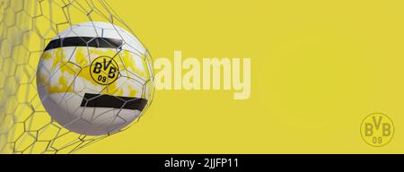 Guilherand-Granges, Francia - 26 luglio 2022. Bundesliga di Germania. Pallone da calcio in rete con logo ufficiale di Borrusia Dortmund. 3D rendering. Foto Stock