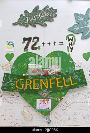Cuore verde, verde per Grenfell cuore, ricordare il 72, North Kensington, Londra, Regno Unito - Regno Unito blocco di rivestimento scandalo Foto Stock