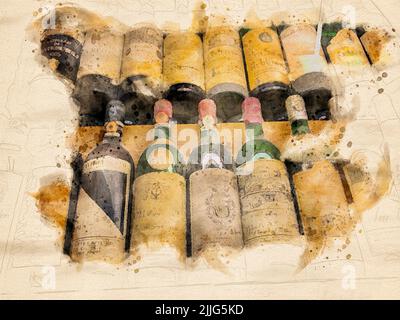 Pittura acquerello di collezione di bottiglie di vino d'annata. Foto Stock