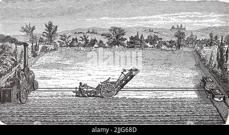 Landwirtschaft 1880, Dampfpflug mit Lokomobile nach dem System Fowler, Zweimaschinensystem / Agriculture 1880, stoppino a vapore con locomobile secondo il sistema Fowler, sistema a due macchine, Historisch, storico, digitale riproduzione migliorata di un originale del 19th secolo / digitale restaurierte Reprodukeiner Originaldem 19. Jahrhundert, genaues Originaldatum nicht bekannt, Foto Stock