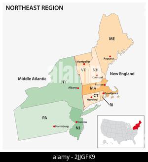 Mappa vettoriale amministrativa della regione del censimento degli Stati Uniti a nord-est Foto Stock