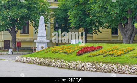 Zajecar, Serbia - 12 giugno 2022: Fontana dell'acqua Landmark Heart Shape Flowers and Cirillic Sign Zajecar in City Park at Liberation Square.