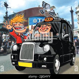 Arte multimediale dei cartoni animati di un giovane uomo, che si affaccia su un taxi nero di Londra ondeggiante verso gli amici mentre si gode un tour dei famosi monumenti di Londra. Foto Stock