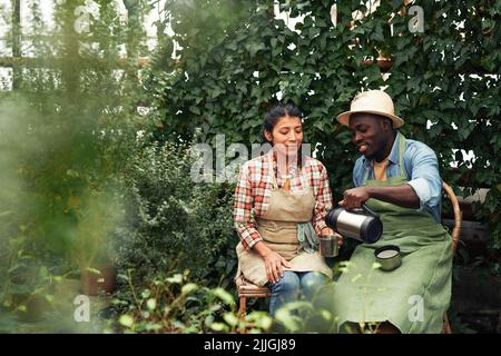 Giovane uomo africano americano e ispanica che lavorano insieme in serra facendo una pausa caffè Foto Stock